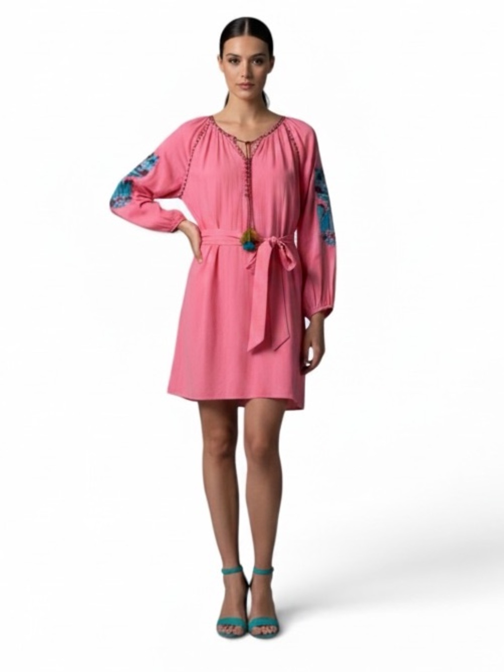 Figue New York Dress V Neck Long Sleeve 100% Cotton Embroidered India  Boho